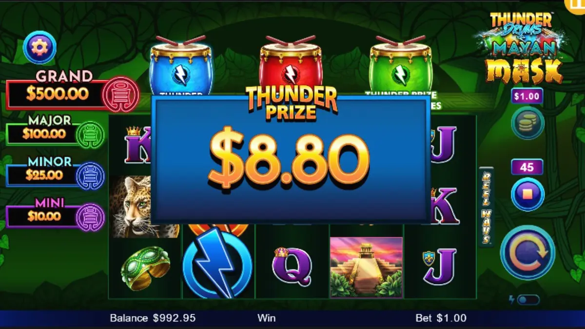 Tampilan visual slot Thunder Drums Mayan Mask dengan tema kuil Maya kuno dan topeng emas.